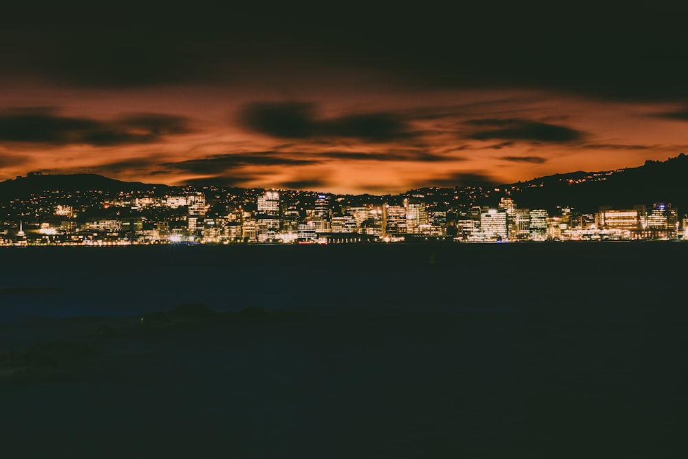 city skyline during night time