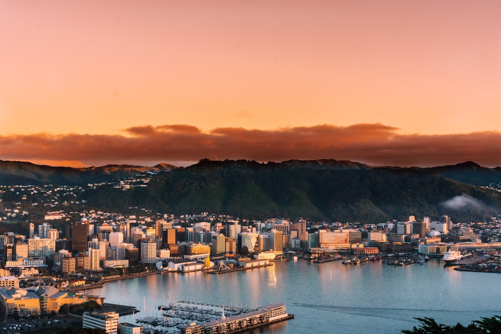 aerial view of city buildings during sunset