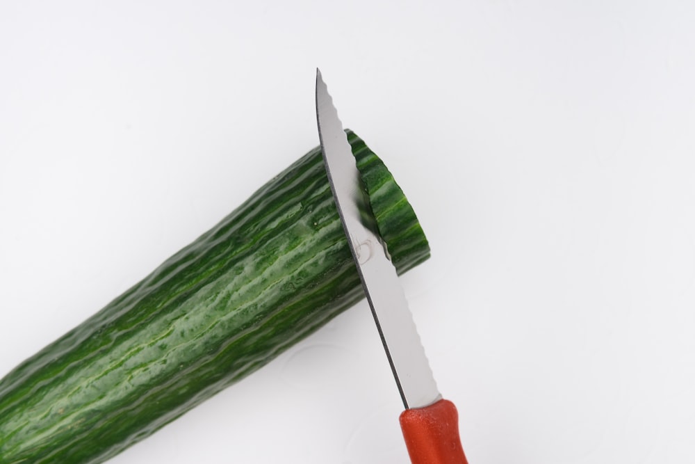 red and silver scissors on green vegetable