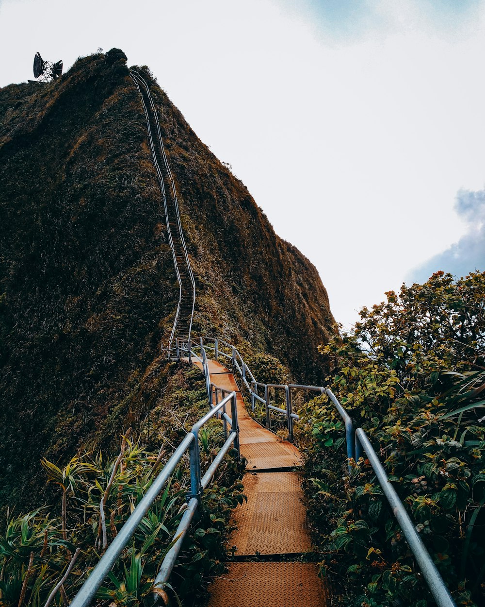 a long metal stair way going up a mountain