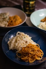 pasta dish on blue ceramic plate