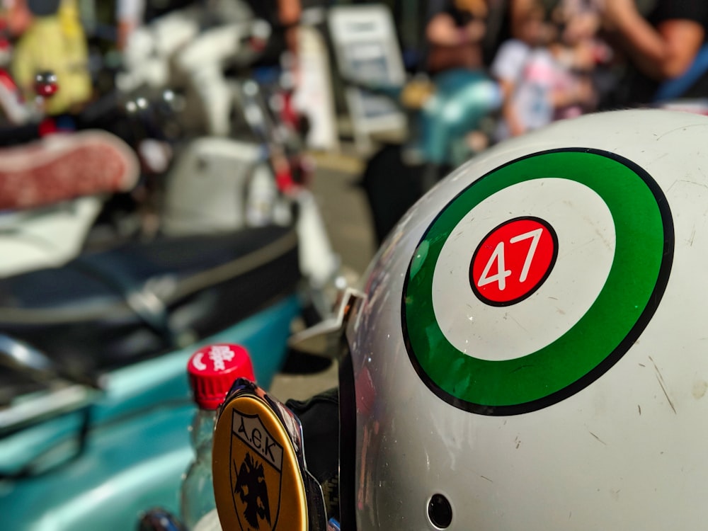 a close up of a helmet on a motor scooter