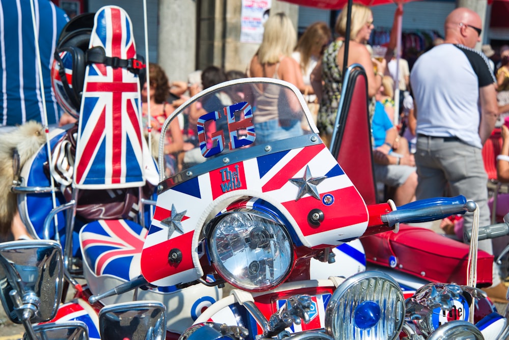 red blue and white motorcycle