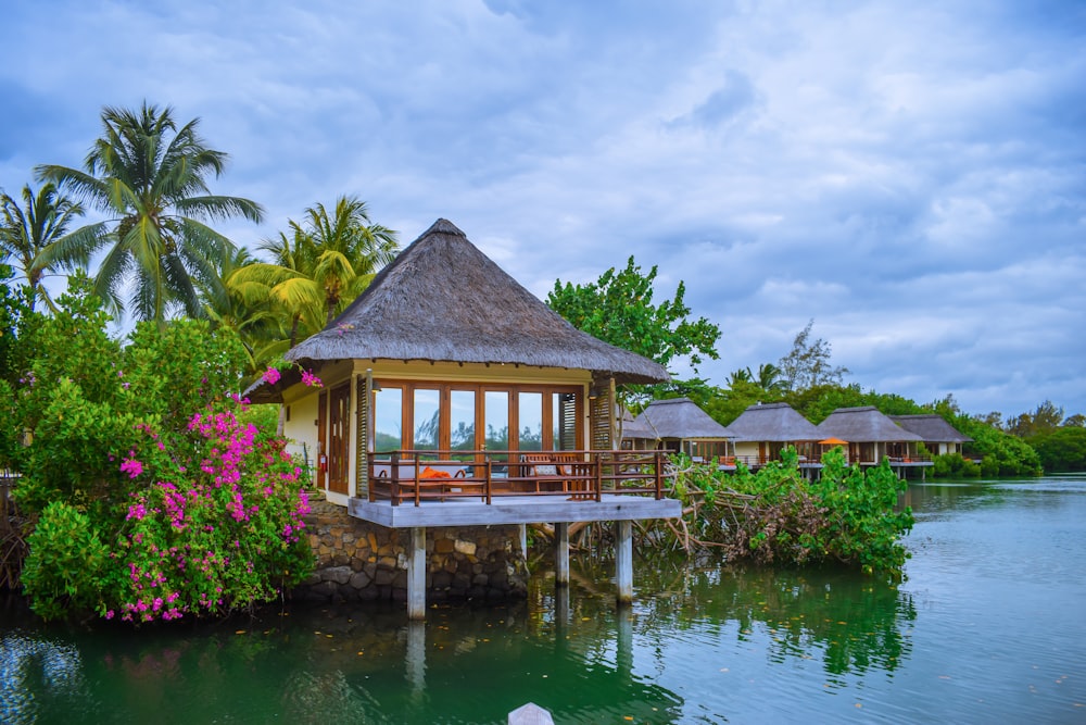 brown wooden house on green water under white clouds during daytime