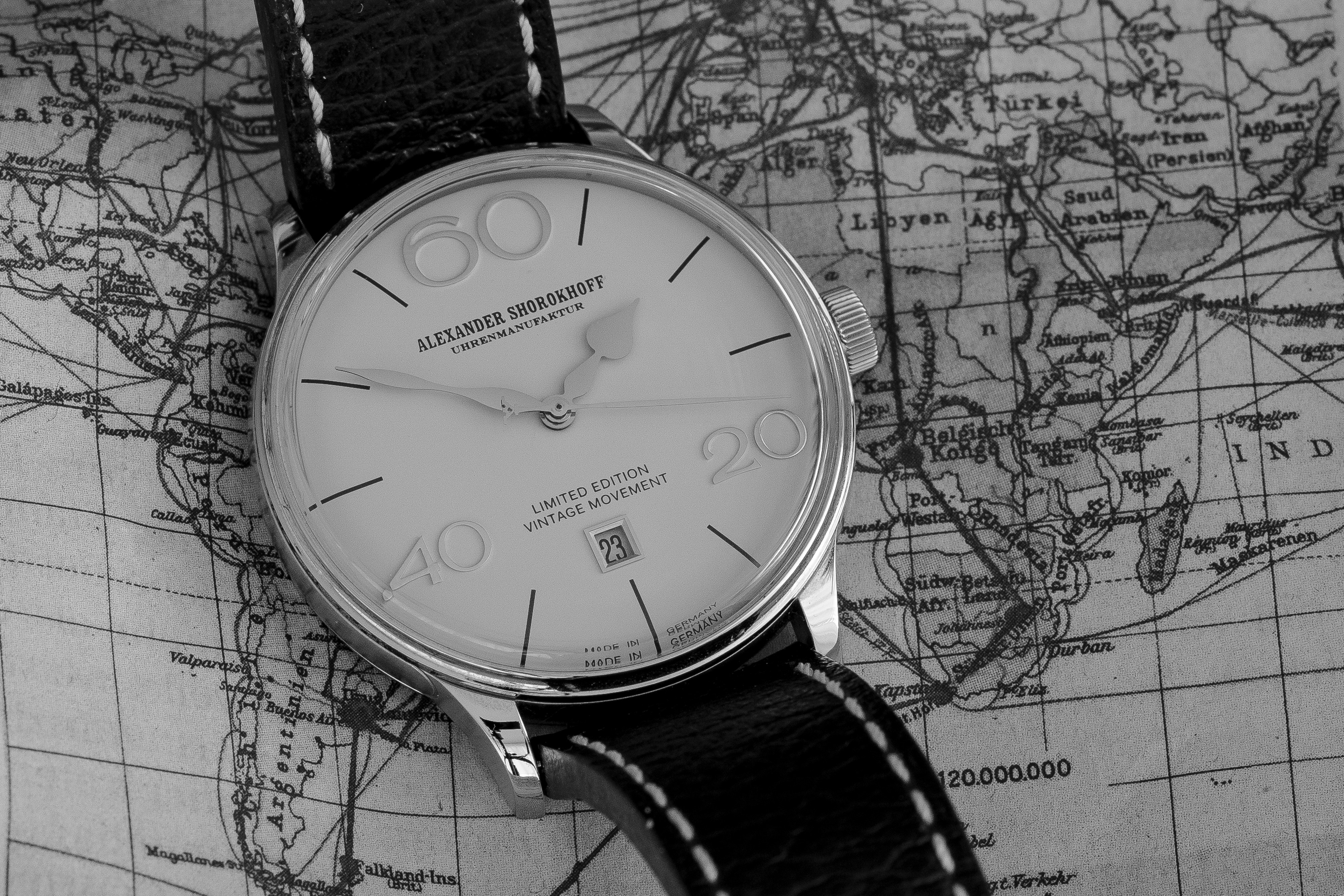 silver and white analog watch, Alexander Shorokhoff Limited Edition Vintage Movement Watch