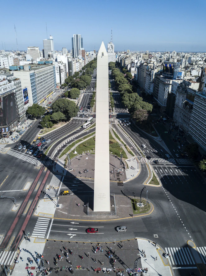 The Obelisco de Buenos Aires towering over 9 de Julio Avenue in Buenos Aires
