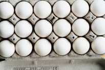Close-up of fresh chicken eggs neatly arranged in cartons.