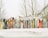 A variety of skis and a snowboard are lined up vertically in the snow, arranged against a lattice fence with leafless trees in the background.