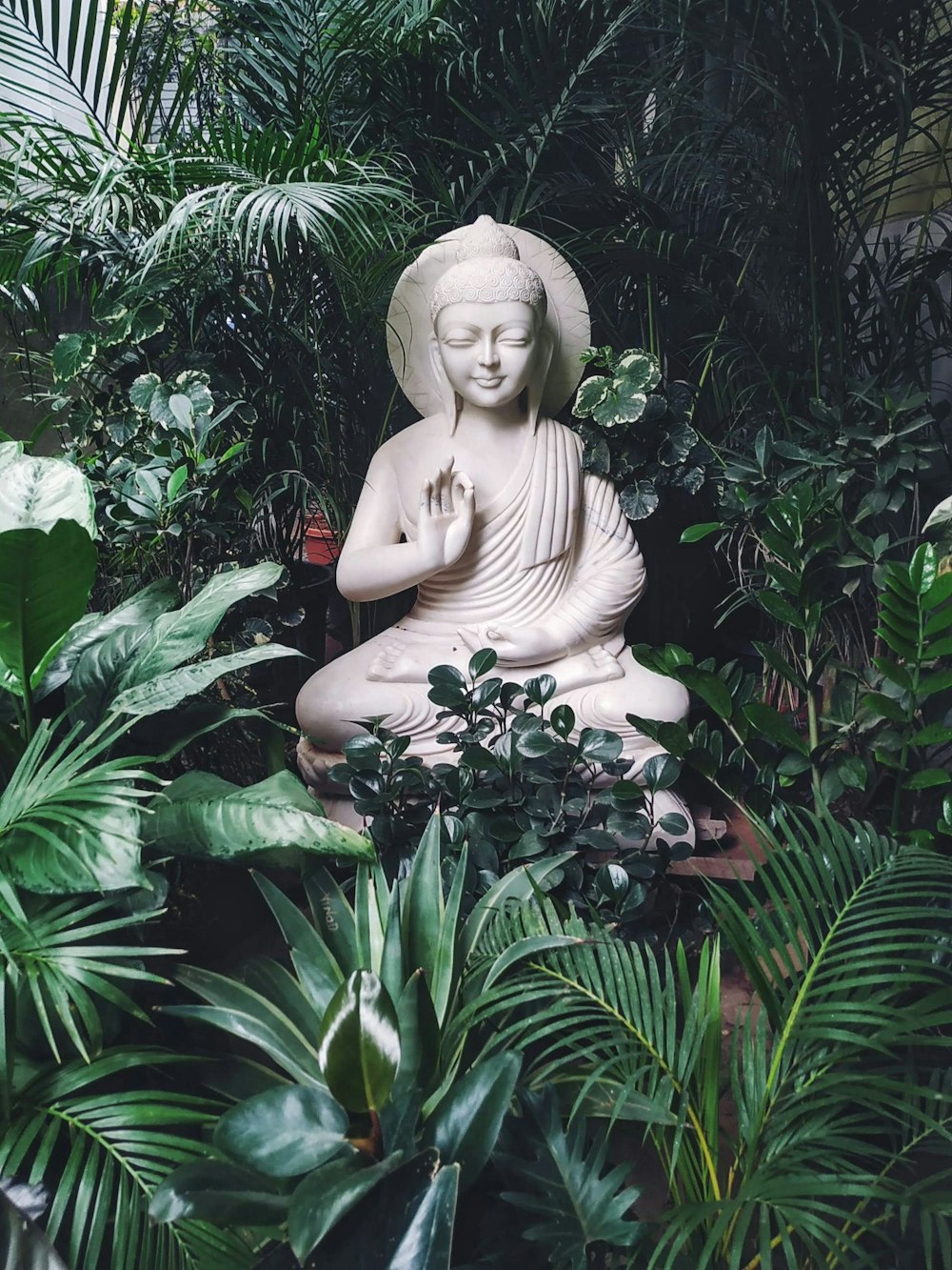 Statue en béton gris entourée de plantes vertes