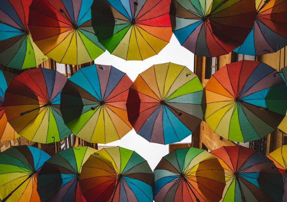 Mehrfarbiger Regenschirm unter sonnigem Himmel