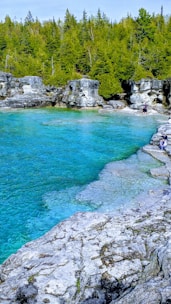 A stunning natural landscape featuring clear turquoise water surrounded by rugged rocky cliffs. Dense green trees form a lush backdrop, creating a tranquil and serene environment. The rocky shoreline presents a natural, unrefined beauty, with scattered patches of people exploring the area.