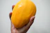 A smiling woman holding a ripe mango with a bright kitchen background.