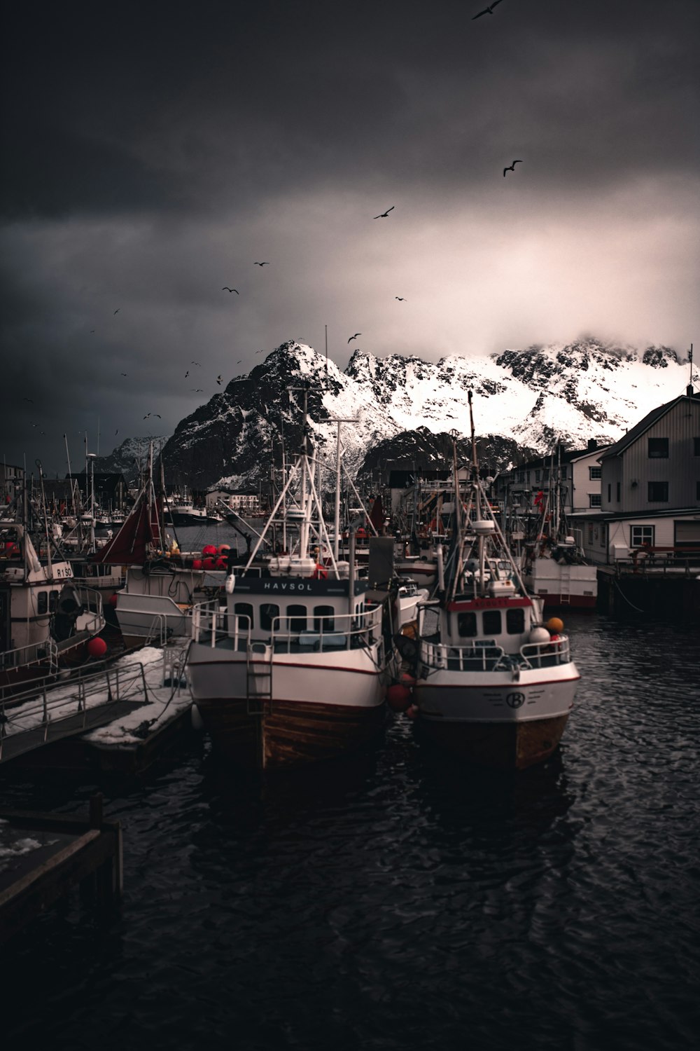 white and blue boat on dock near mountain under gray clouds