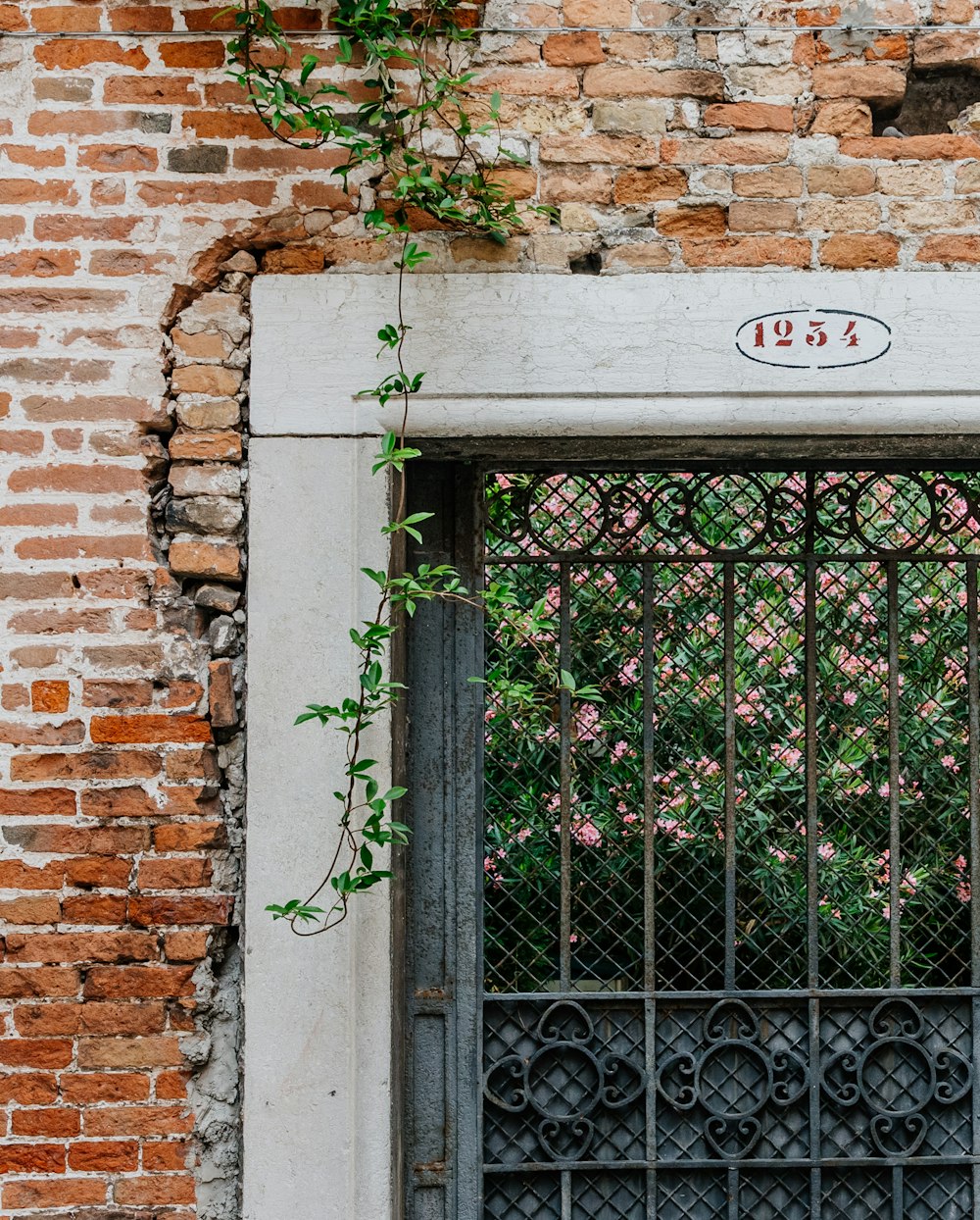 black metal window grill on brown brick wall