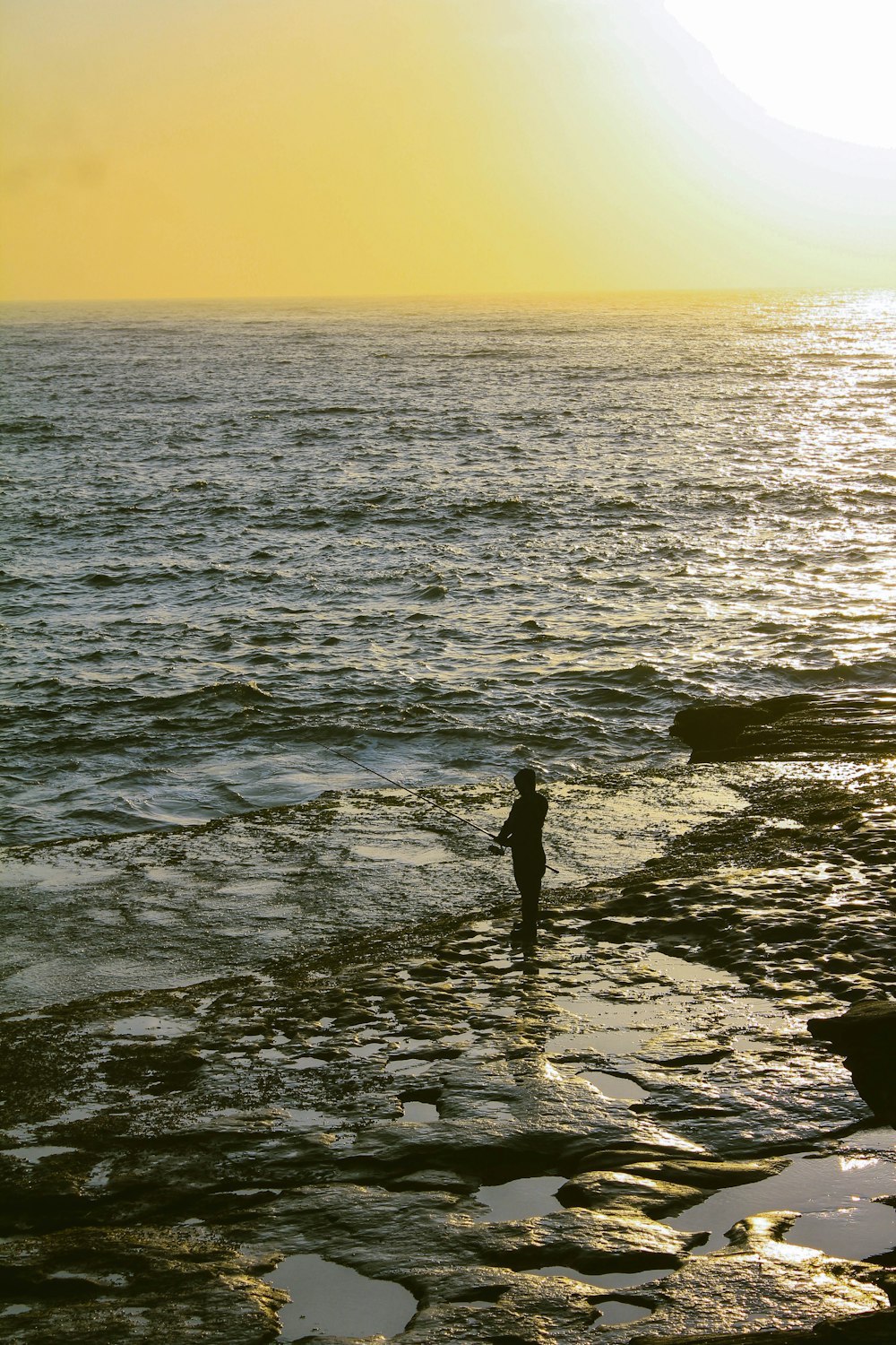 person standing on rocky shore during sunset