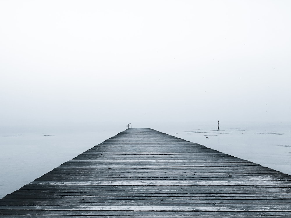 grayscale photo of wooden dock