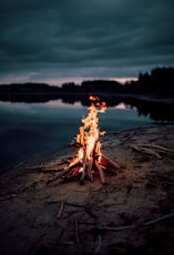 bonfire near body of water during night time