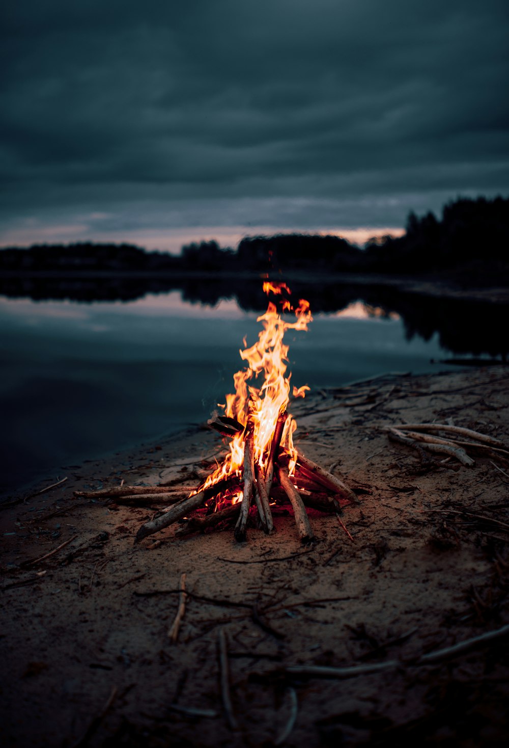 fogueira perto do corpo de água durante a noite