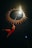 A performer in a bright red costume is suspended mid-air in a dark space, seemingly inside a circus tent. The background is adorned with star patterns and a circular light opening overhead, creating a dramatic spotlight effect on the performer.