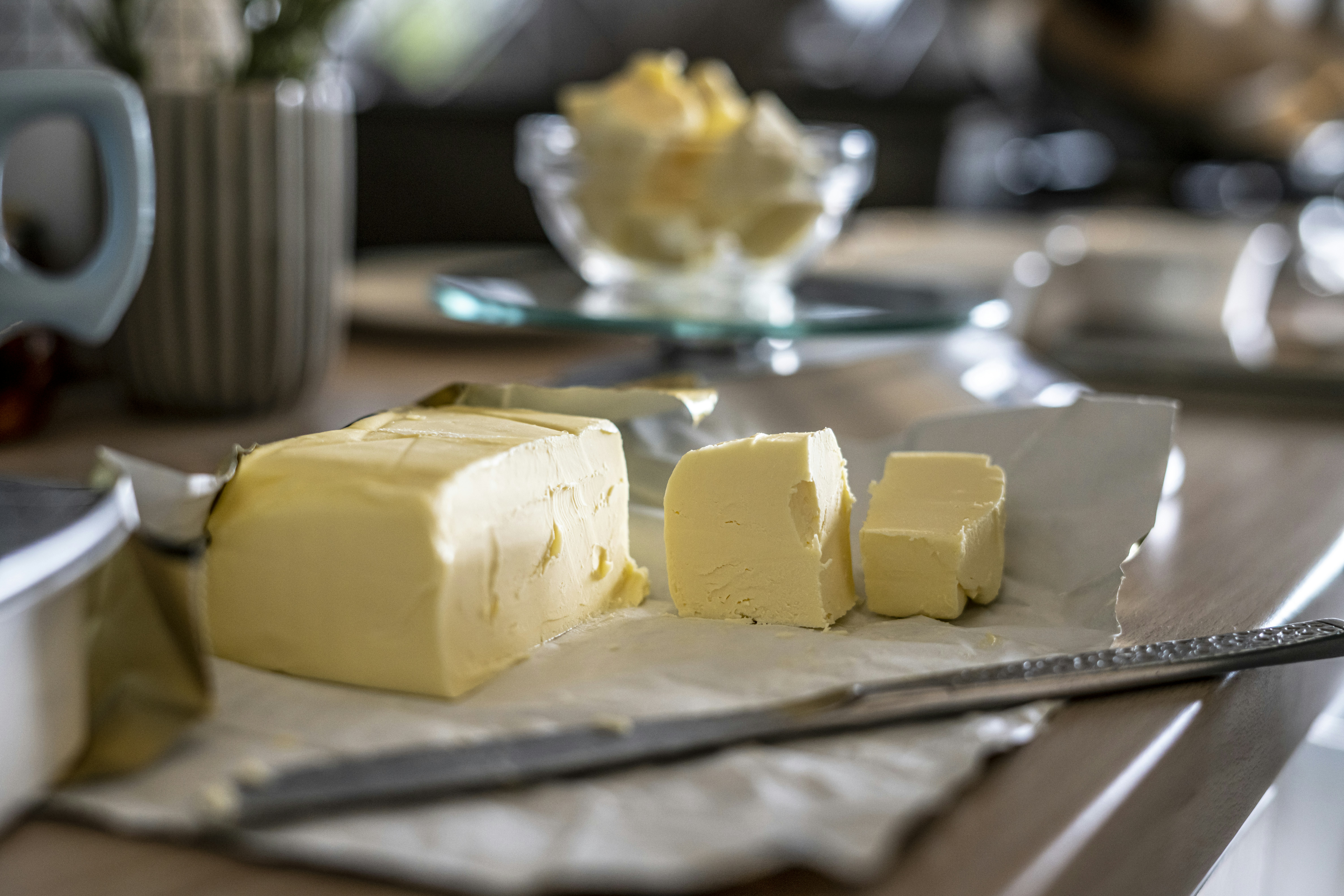 Butter slices in the kitchen