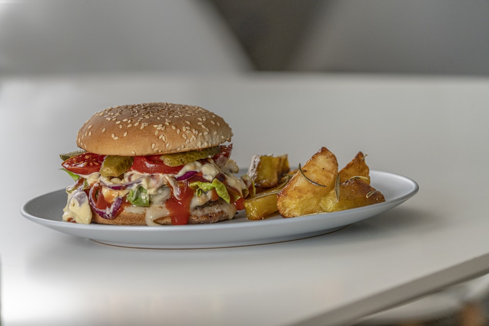 burger on white ceramic plate