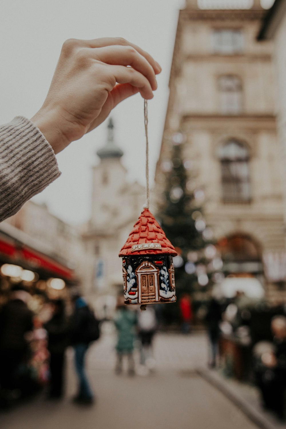 person holding red and brown house miniature