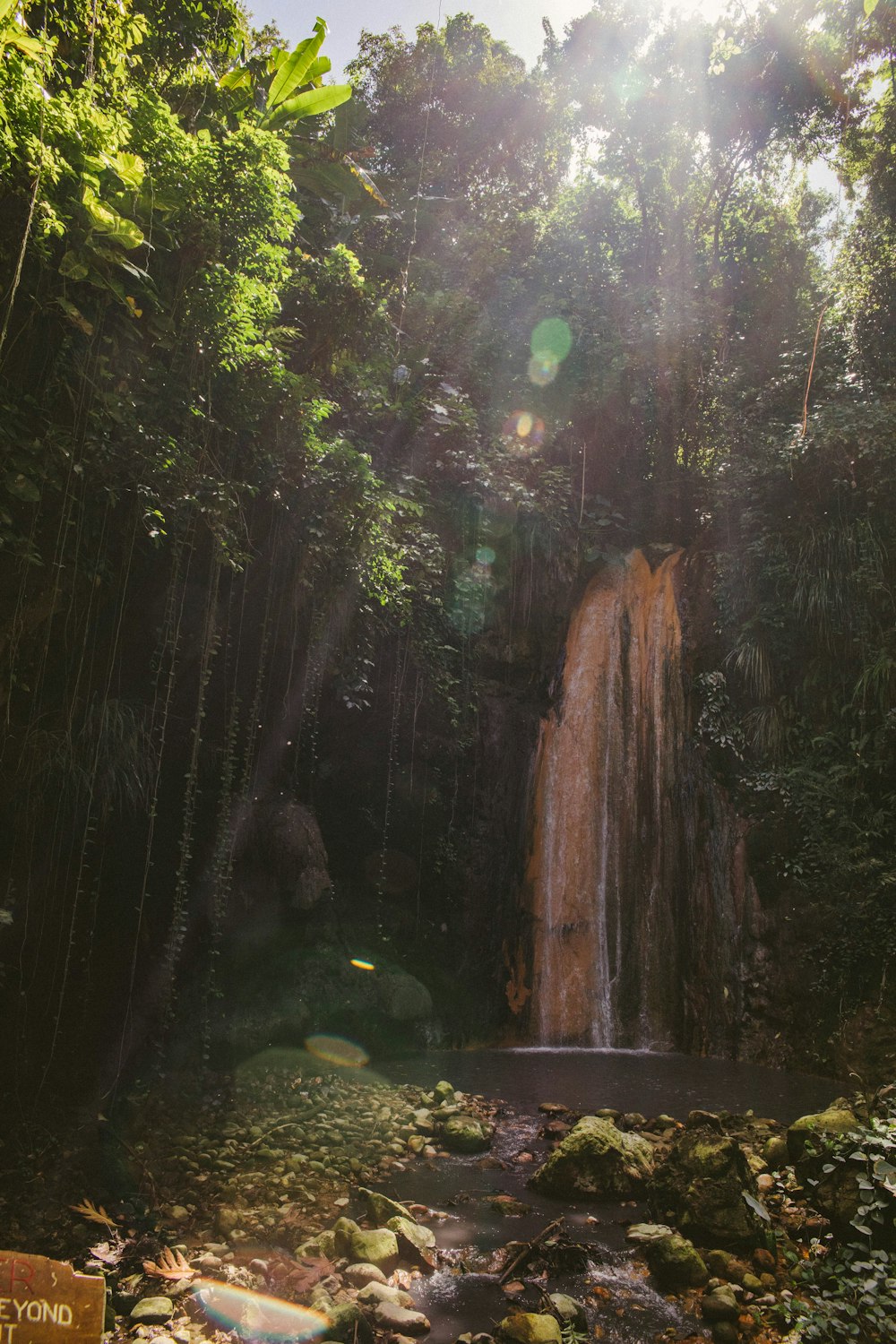 a small waterfall in the middle of a forest