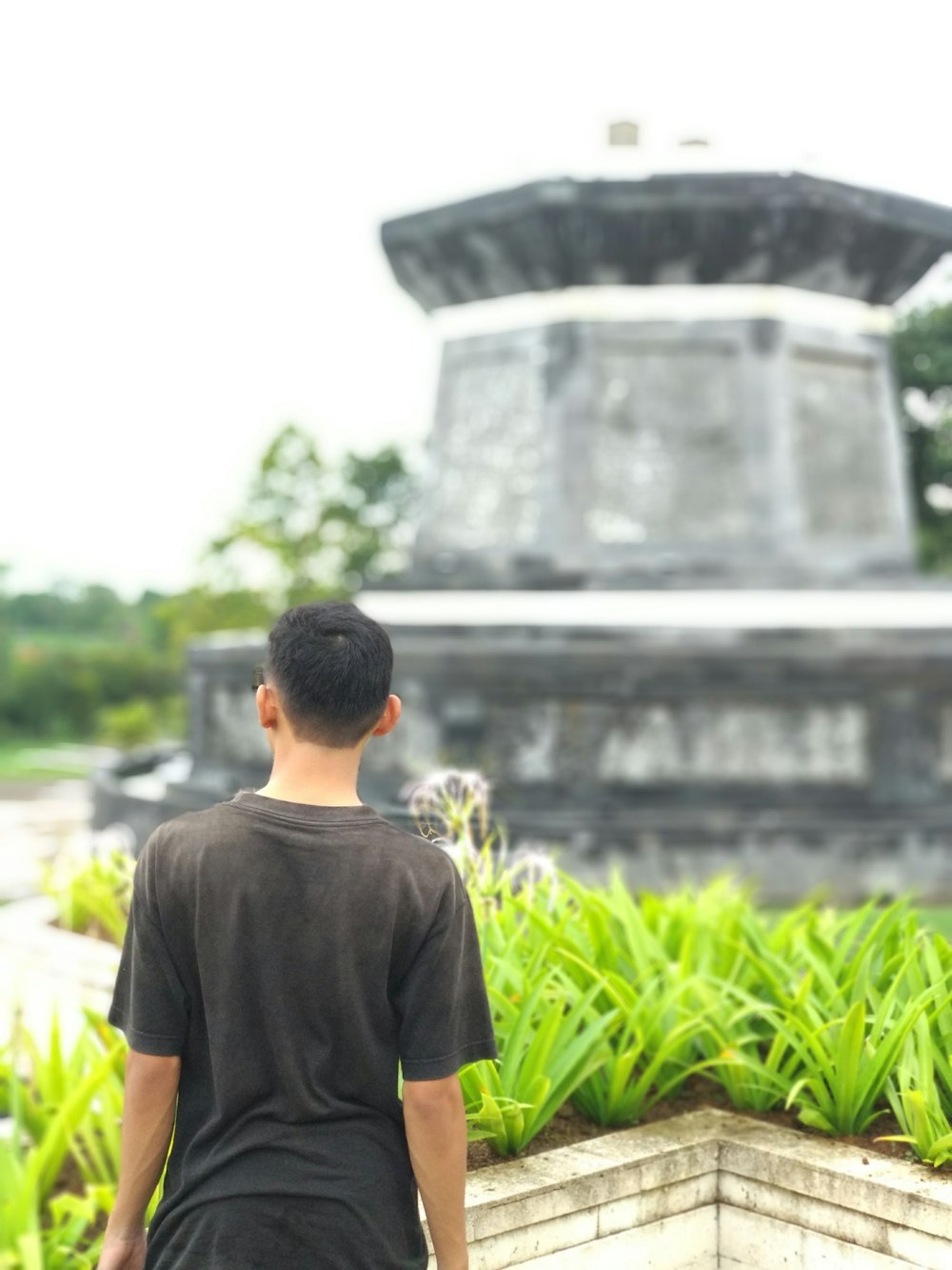 man in black crew neck t-shirt standing near green plants during daytime