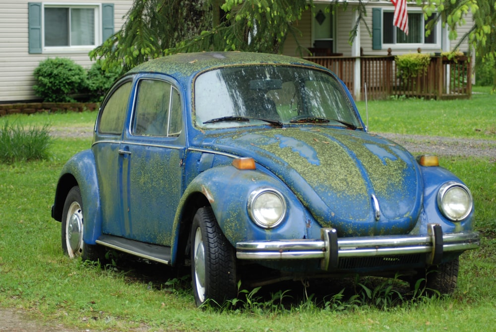 Maggiolino Volkswagen blu parcheggiato sul campo di erba verde durante il giorno
