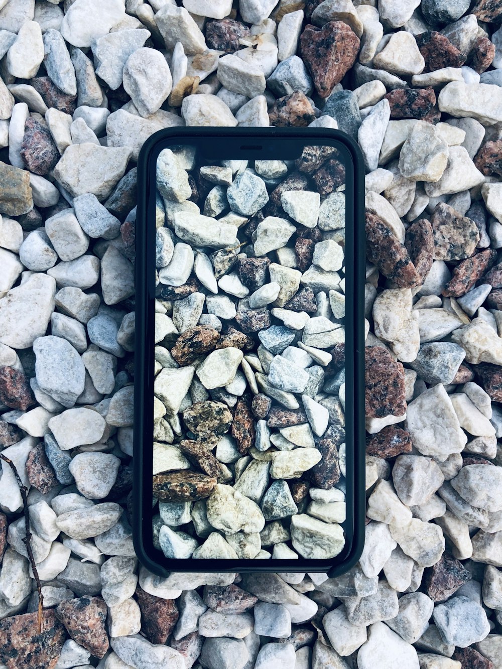 black plastic container on gray and brown stones