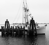 A black and white image of a boat named 'Migrator' moored at a wooden dock. The boat has a tall mast with wires extending upwards. The dock is made of weathered wooden posts, and a seagull is perched on one of the posts. In the background, there's a calm body of water with silhouettes of distant trees visible under a cloudy sky.