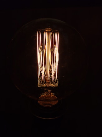 A glowing light bulb with visible intricate filaments inside, casting a warm light against a dark background. The image focuses on the design and structure of the bulb, highlighting its vintage appearance.