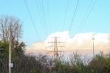 A scene with a metal electricity pylon surrounded by dense vegetation, predominantly trees and shrubs. Power lines extend from the structure into the blue sky, which is decorated by large fluffy white clouds. A wooden utility pole and a tall street light are also visible.