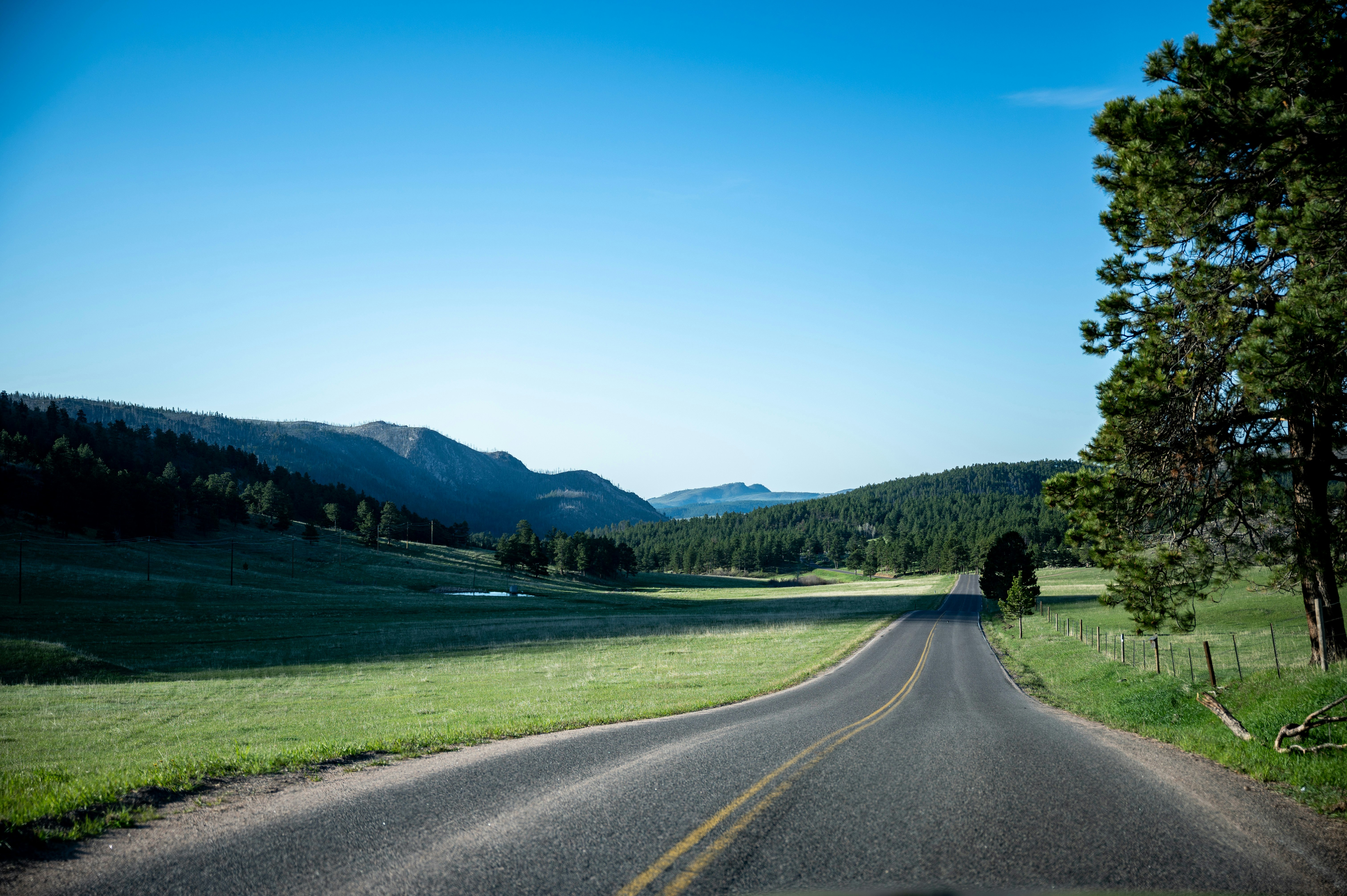 gray concrete road between green grass field under blue sky during daytime