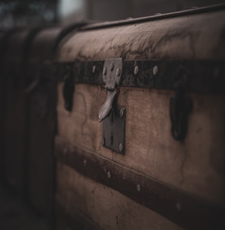 brown and black suitcase in close up photography