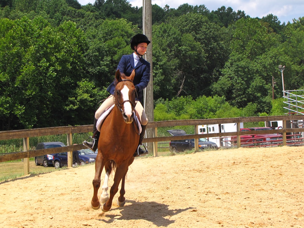 man in blue shirt riding brown horse during daytime