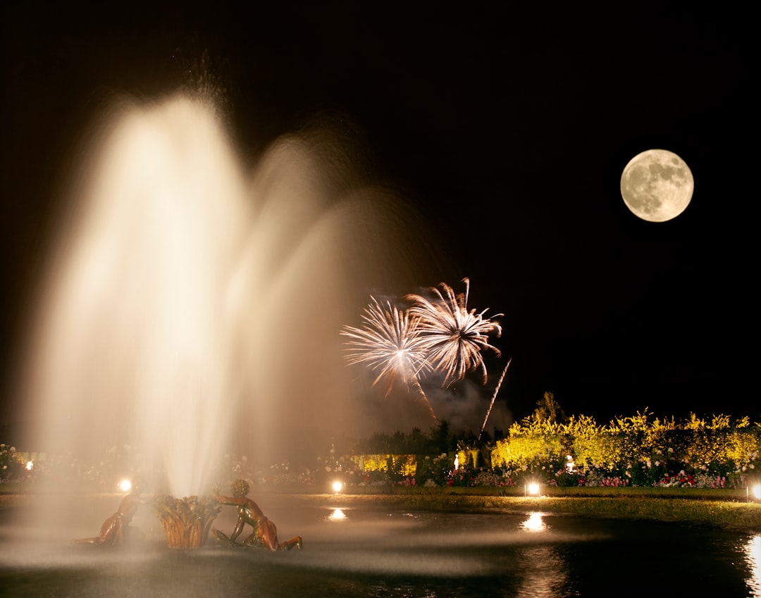 people sitting on bench near fountain during night time