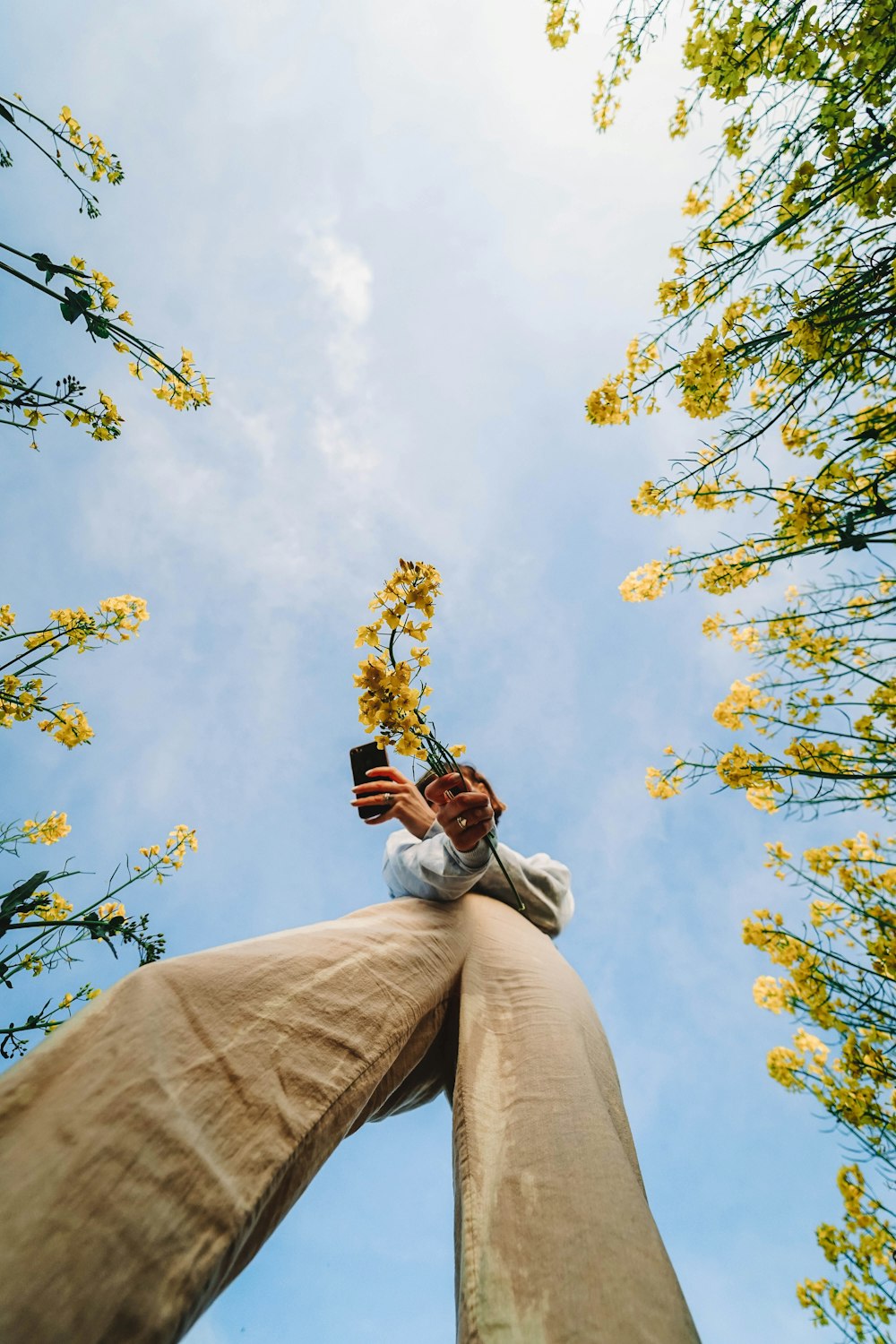 man in gray jacket and brown pants sitting on brown tree branch under white clouds and