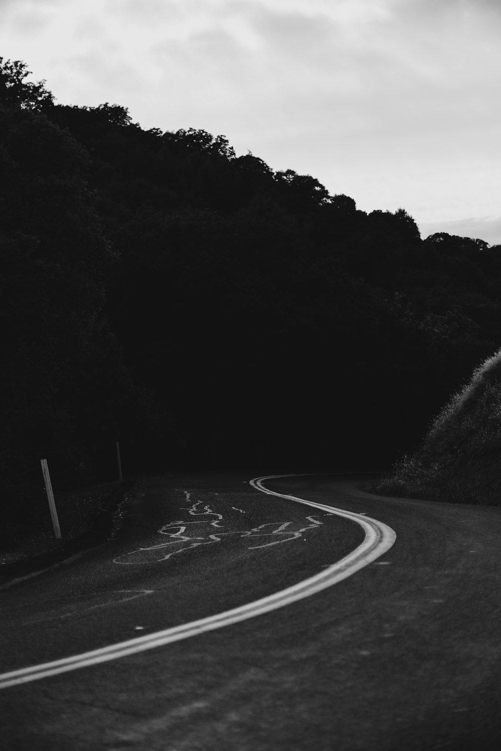 grayscale photo of empty road between trees