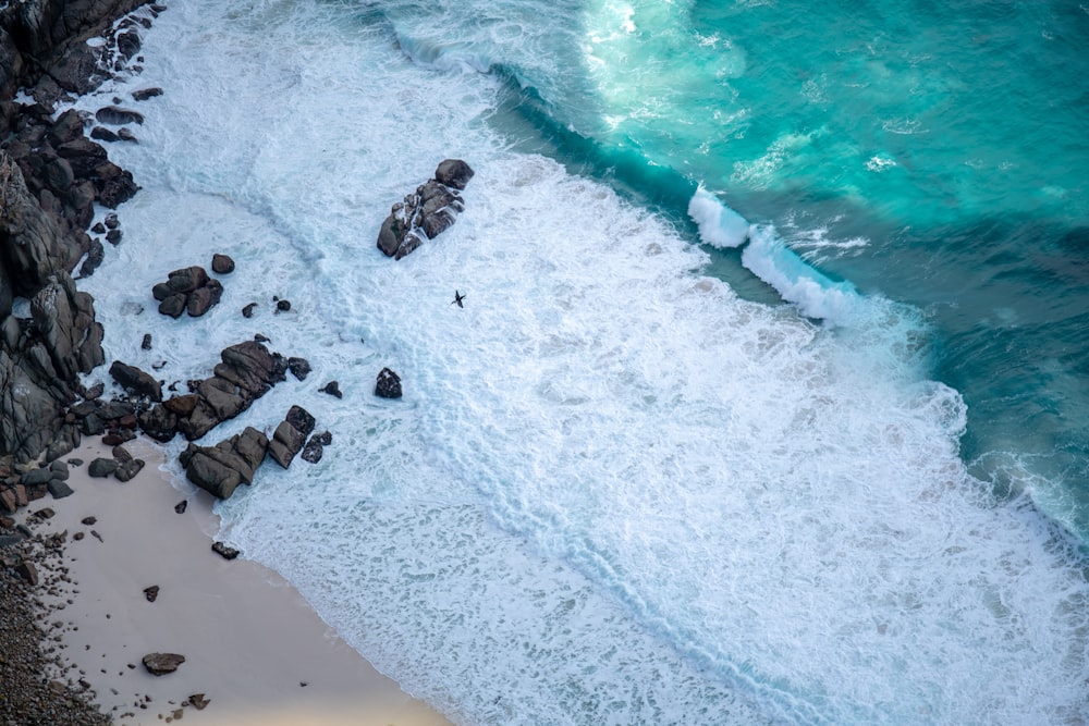 brown rocks on white sand beach during daytime