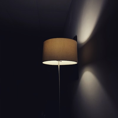 A dimly lit room features a modern floor lamp with a beige lampshade casting a soft glow. The light creates dramatic shadows on the wall, emphasizing the ambient contrast between light and darkness.