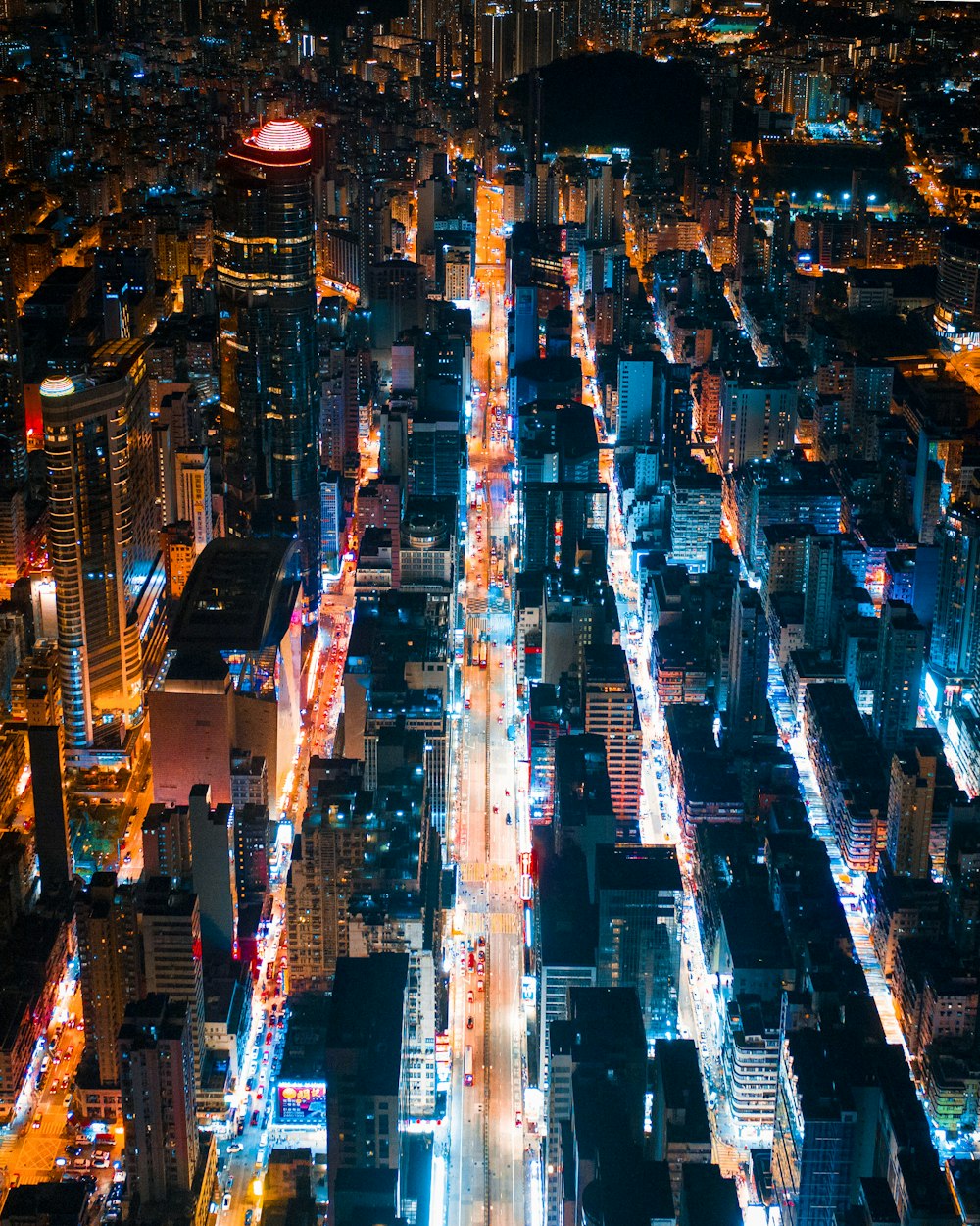 aerial view of city buildings during night time