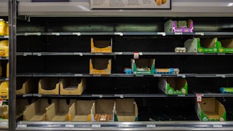 Several supermarket shelves with mostly empty cardboard boxes, a few cartons of eggs left. The surrounding area is dimly lit with a focus on the shelves displaying mostly empty spaces where products should be placed. Labels and price tags are visible below the shelves.
