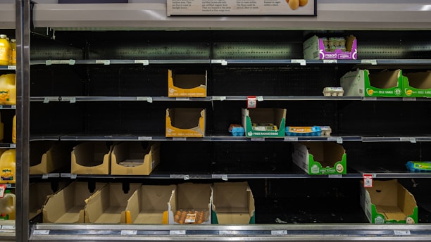 Several supermarket shelves with mostly empty cardboard boxes, a few cartons of eggs left. The surrounding area is dimly lit with a focus on the shelves displaying mostly empty spaces where products should be placed. Labels and price tags are visible below the shelves.