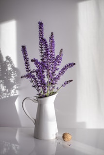 purple flowers in white ceramic vase