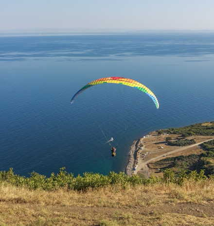 a paraglider is flying over a body of water
