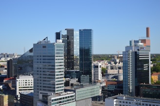 A skyline view featuring several commercial buildings.