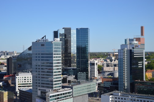 A skyline view featuring several commercial buildings.