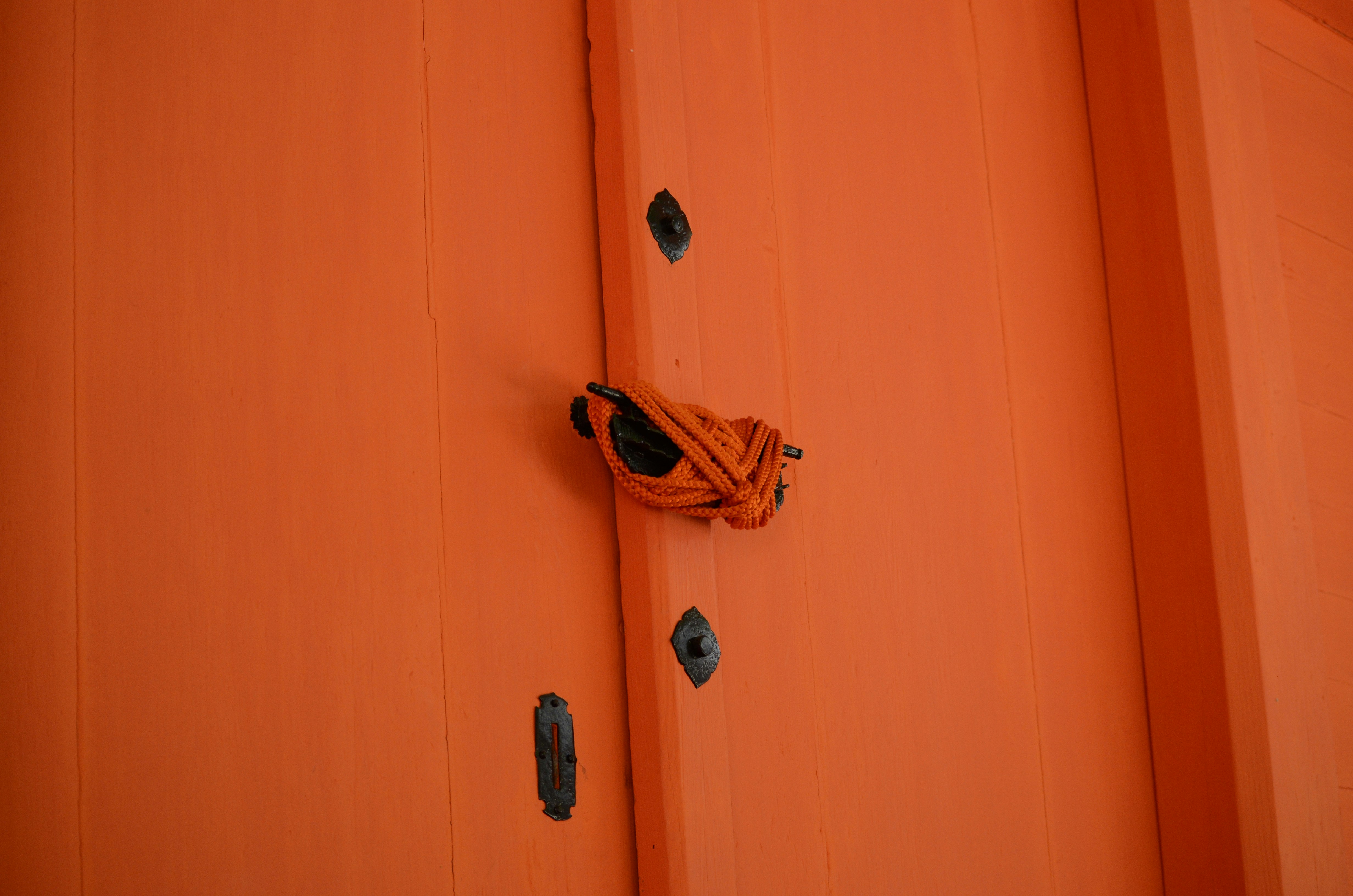 brown and black scarf hanged on orange wooden door