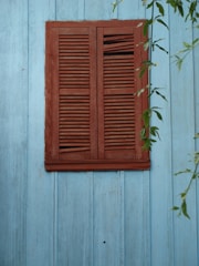 A rustic wooden window with closed shutters is set against a light blue wooden wall. Some green leaves hang down from the top right corner, providing a natural contrast to the man-made structure.